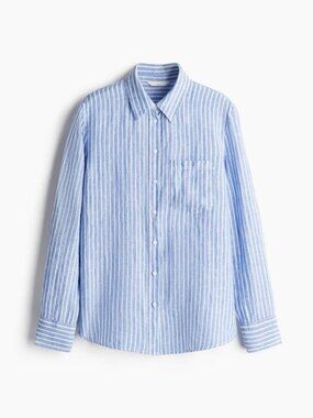NWOT H&M Blue White Striped 100% Linen Shirt S
